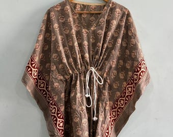 Short Cotton Kaftan Dress: Hand Block Print, Boho Hippie Style
