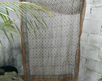 Geometric Black Sarong, Silk Border Hand Block Print Beach Wrap