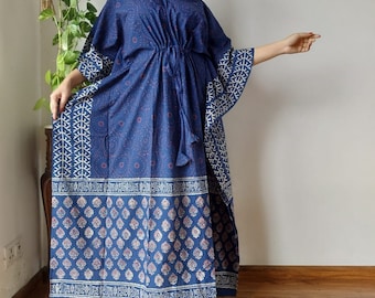 Indigo Blue Block Printed Long Caftan, Beach Bikini Cover up, Indian Cotton Kaftan, Hippie Style Maxi, Maternity Wear, Women's Loose Kaftan