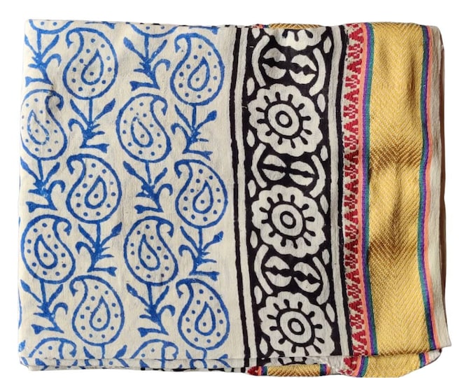 Blue Paisley Sarong Beach Wrap, Silk Border Indian HandBblock Print Pareo, Zari Sarong for Women, Ladies Scarf, Jaipur Print, Beach Scarf