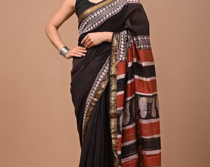 Maheswari silk saree.indian block print maheswari saree.bagru hand block print maheswari saree with falls and stiching