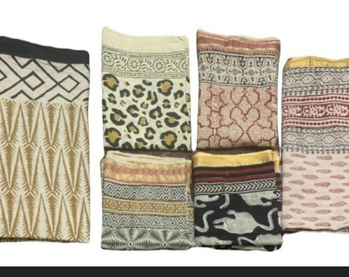 Set of 6 Cotton Beach Sarong Indian Hand Block Print Beach Sarongs Soft Voile Fabric Summer Pareo Gift for Her - Golden Jari Work Sarongs