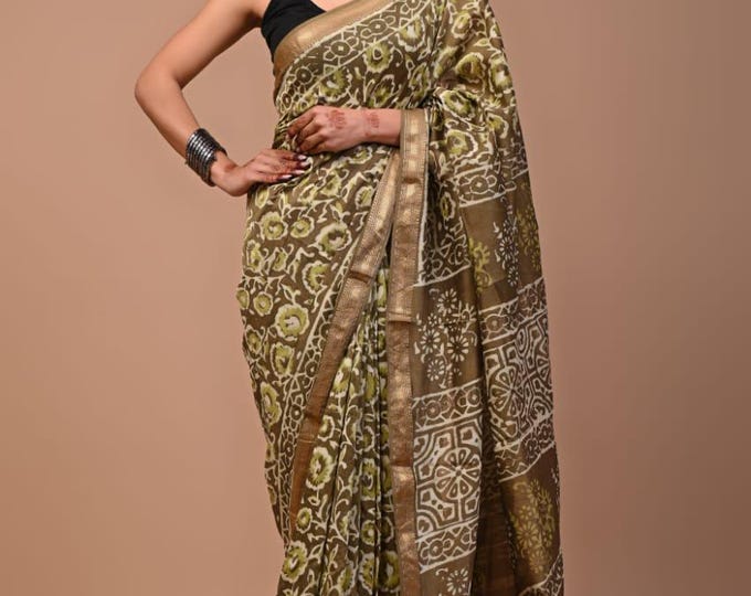 mahaisvari saree green and brown colour saree mix colour indian fashion designer saree new look hand block saree