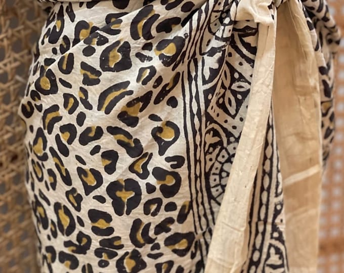 Hand Block Printed Leopard Print Cotton Sarong - Women's Beach Pareo - Exotic Animal Print Summer Wrap - Beach Cover up for Her - Beach Gift