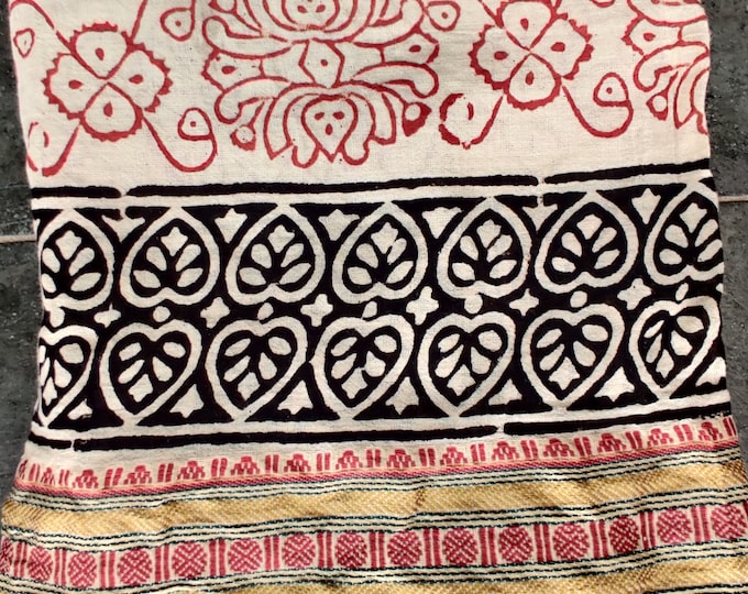 Red Indian Hand block print Silk Zari Border Beach Wear Sarong, Zari sarong for women, Ladies Scarf, Beach Scarf, Valentine's Day Gift