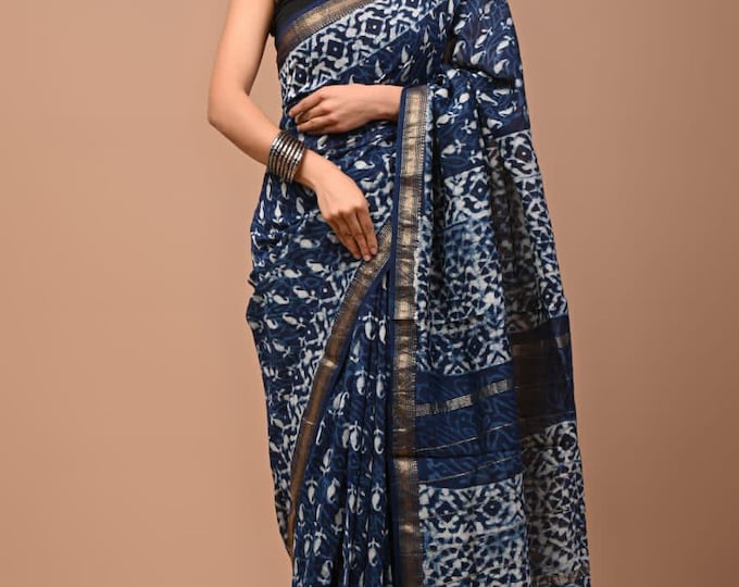 mahaisvari saree blue print cotton febric saree silk soft kapde cotton saree