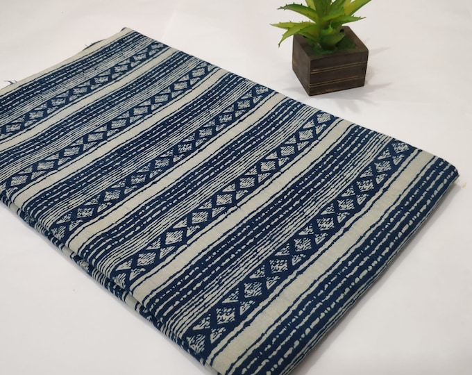 Indigo Cotton Block print Fabric Hand Printed India Cloth Natural Vegetable Dye Sewing Fabric, Tablecloth Fabric By The Yard