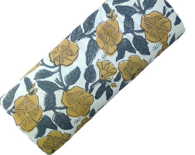 Grey & Yellow Indian Floral Hand Block Printed 100% Cotton Cloth, Fabric by the Yard, Fabric for Curtains Pillows Dress Making Fabric