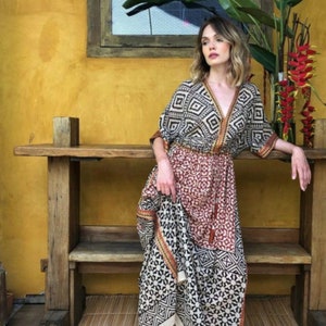 Hand Block Print Zari Border Long Kaftan Dress - Bagru Print Long Kaftan/Kimono Dress, Night Wear Cotton Sarong Maxi Gown, Gift for Women