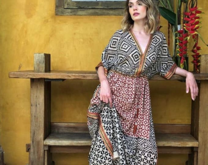 Hand Block Print Zari Border Long Kaftan Dress - Bagru Print Long Kaftan/Kimono Dress, Night Wear Cotton Sarong Maxi Gown, Gift for Women