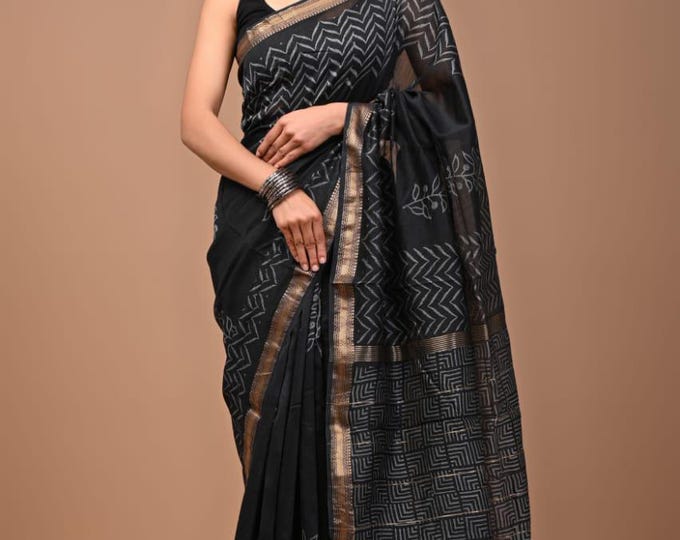 mahaisvari saree handblack lahariya saree white blouce indian fabric saree newdijen saree