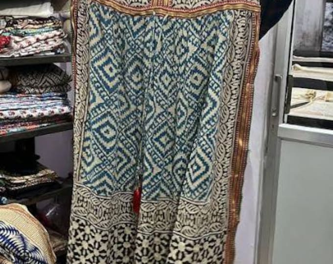 Hand Block Cotton Geometric Printed Long Dress For Her, Blue Beach Cover Up Dress For Women, Boho Maxi Dress for Her, Zari Border Kaftan
