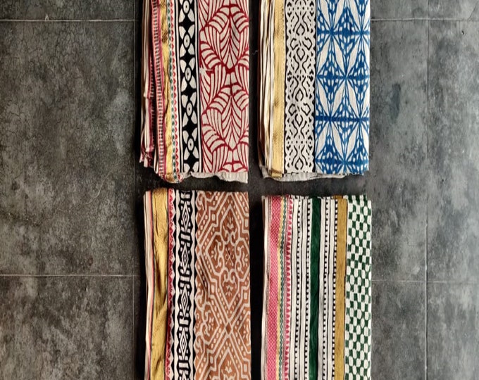 Hand Block Print Zari Sarong for Women - Set of 4 - 100% Organic Cotton Pareo Scarf Beach Wrap Cover-up Sarongs Boho Fashion, Gift for Her