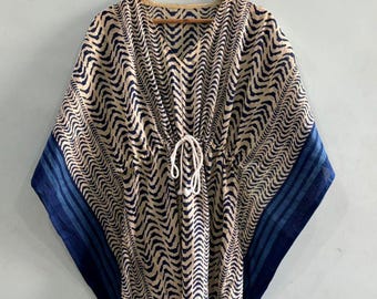 Short Cotton Kaftan Dress: Indian Block Print, 36" Length, Free Size