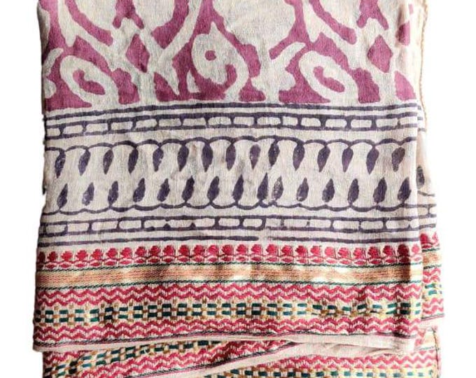 Jaipur Hand Block Print Scarf with Zari Border, Indian Cotton Sarong, Soft Beach Cover Up, Red Printed Sarong, Hand Stamped Sarong for Her