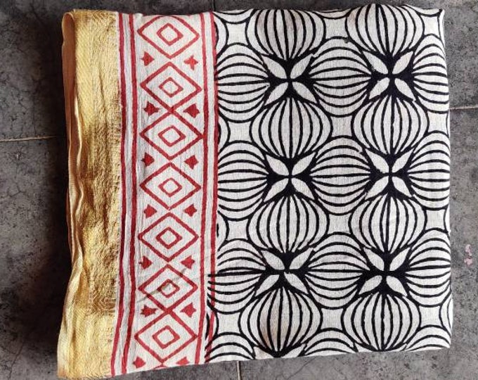 Golden Jari Border Hand Block Print Pariyo Cotton Sarong Wrap Beach Pareo Western Wraps Swim Wear CoverUp Summer Scarf Printed Fabric Scarve