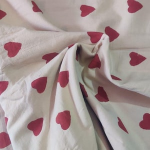 Red Heart Print Cotton Fabric, Hand Block Printed Indian Fabric by the Yard