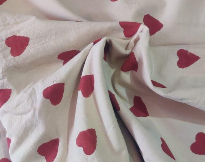 Red Heart Print Soft Cotton Block Print Indian 100% Pure Cotton Fabric, Fabric by the Yard, Women's Fabric, Hand Block Print, Indian Fabric