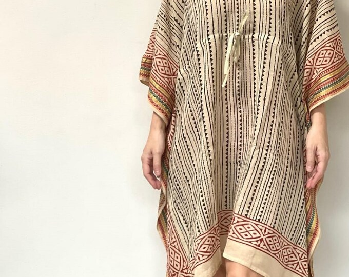 Hand Block Print Cotton Short Kaftan with Zari Border, Summer Beach Cover Up for Her, Bagru Print Short Kaftan Dress with Drawstring