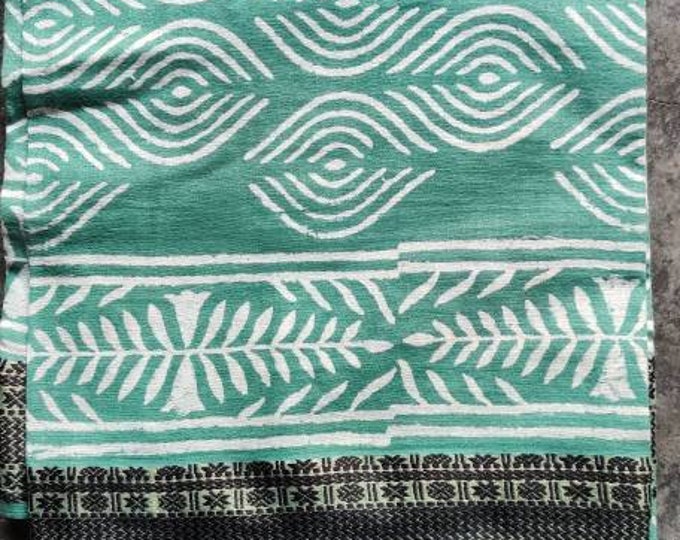 Black Border Hand Block Print Sea Green Pariyo Cotton Pareo Beach Sarong Western Wraps Swim Wear Pareo Sarong printed Fabric