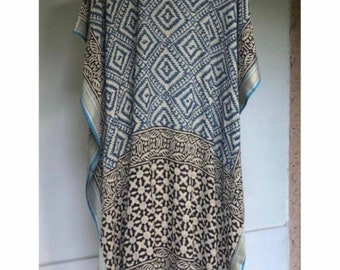 Terquise colour  Block Print long Cotton Kaftan, Beach Cover up, Night Wear Caftan,  Bathrobe Women&#39;s Bohemian Dress For Beach . silk jari