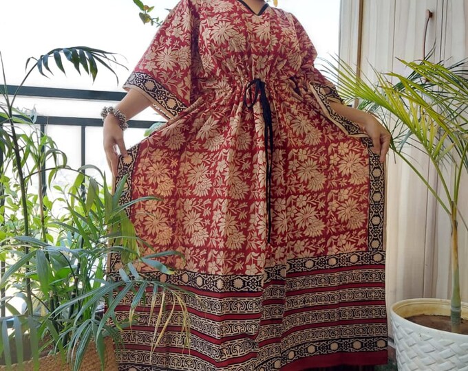 Floral Print Cotton Kaftan,Hand Block Print Long Caftan for Women,Lounge Wear Summer Dress,Boho Cotton Comfy Maxi,Beach Wear Bikini Cover Up