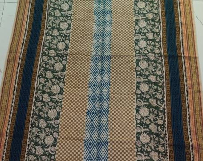 Indian Hand Block Cotton Printed Sarong, Beach Wrap Pareo, Floral Print Scarves with Golden Zari Border, Decorative Cotton Sarong for Women