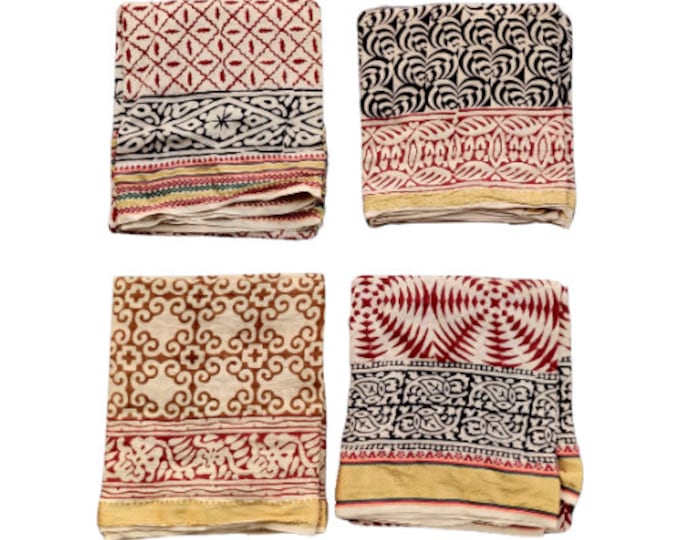 Beautiful Set of 4 pcs Golden Zari Border Hand Block Print Sarong, Hand made Scarves, Cotton Sarong, Printed Pareo, Soft Cotton Dupatta