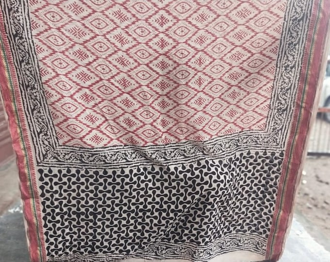 Hand Block Printed Zari Border Cotton Sarong, Beach Wrap Pareo, Long Scarf, Large Sarong, Soft Fabric Floral Print Cover up Sarongs