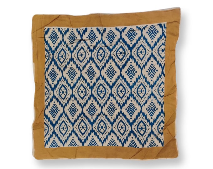 Blue Geometric Cotton Hand Block Bandana, Square Cotton Scarf, Men Women Bandana, Cotton Neckerchief, Square Cotton Western Dog Bandana