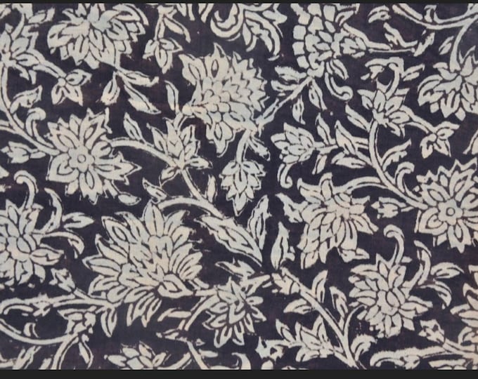Cotton Floral Hand Block Print Fabric - Black, Indian Fabric, fabric by yard, Block Printed Cotton Fabric for Womens Clothing