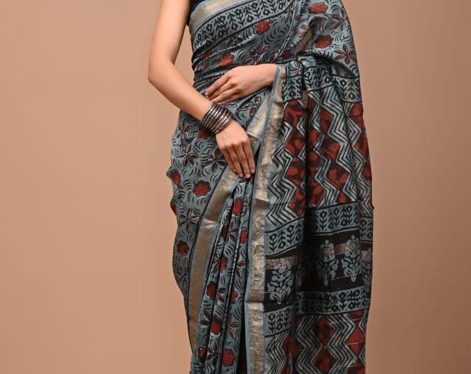 mahaisvari saree hand block printed saree   normel water whos red silver cotton saree new printed indian look amazing saree