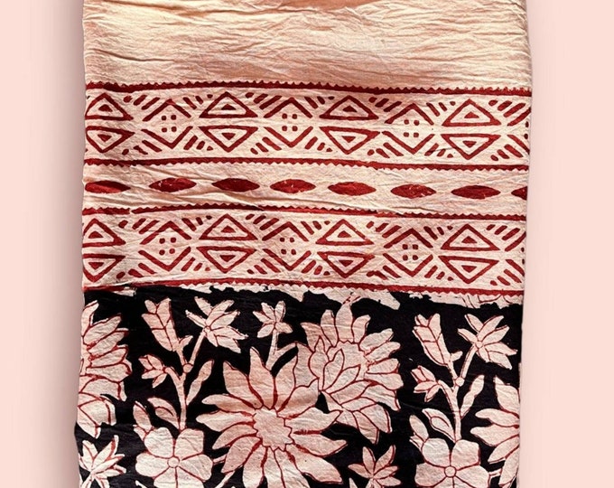 Black Floral Hand Block Printed Cotton Sarong, Beach Wrap Pareo, Long Scarf, Large Sarong, Beach Cover up, Fashion Shawl Beach Sarong