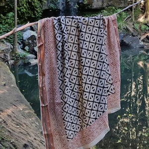 Geometric Hand Block Printed Zari Cotton Sarong, Beach Wrap Pareo, Large Sarong, Cover up, Soft Fabric Scarf, Fashion Shawl Beach Sarong