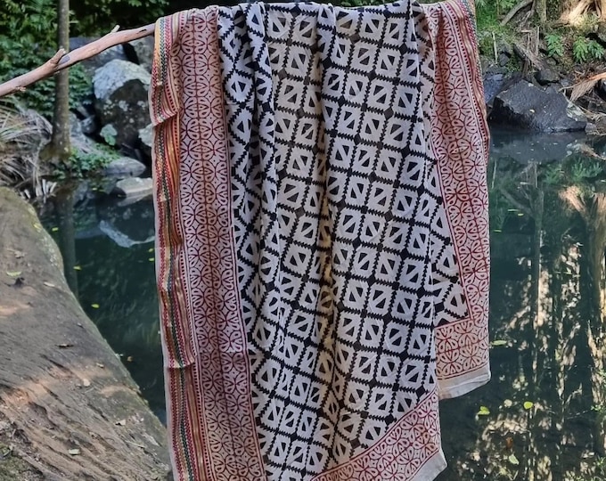 Geometric Hand Block Printed Zari Cotton Sarong, Beach Wrap Pareo, Large Sarong, Cover up, Soft Fabric Scarf, Fashion Shawl Beach Sarong