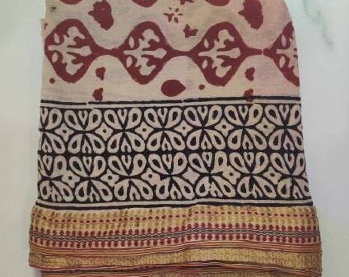 Golden Zari Border Hand Block Print Cotton Sarong Western Wraps Swim Wear Cover Up Summer Scarf Printed Fabric Scarf Sarong Wrap Beach Pareo