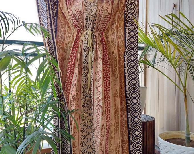 Jaipuri Hand Block Printed Long Caftan, Beach Bikini Cover Up, Indian Cotton Handmade Sleepwear Maxi Kaftan, Women Summer Wear Kaftan