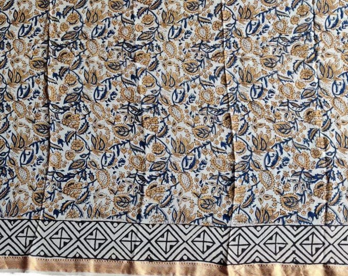Indigo Floral Sarong - Jaipur Hand Block Printed Cotton Sarong/Pareo/Scarf with Zari Border For Her, Printed Beach Cover Up - Indian Lungi