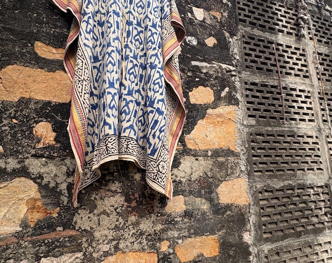 49 inch  long kaftan.silk Jari border kaftan.free size long kaftan.women maxi print kaftan.bagru print kaftan.beige print kaftan.EKAT Print