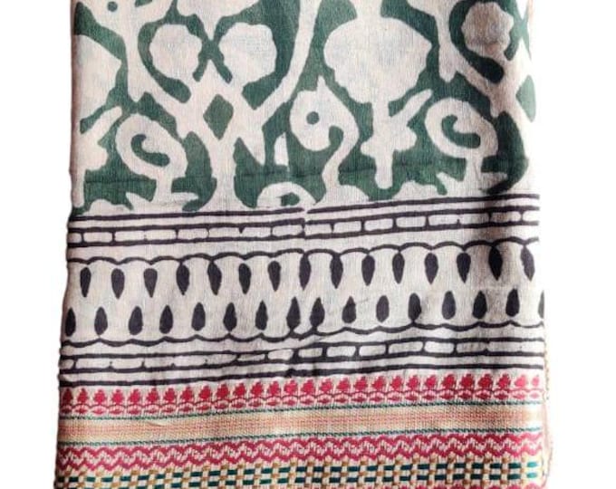 Indian Hand Block Printed Zari Cotton Sarong, Beach Wrap Pareo, Large Sarong, Green Floral Soft Cotton Scarf, Fashion Shawl Beach Cover Up