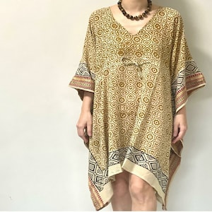 Short Kaftan Dress - Jaipur Hand Block Print Cotton Kaftan with Zari Border, Midi Kaftan Dress for Bikini Cover Up, Soft Cotton Beach Kaftan