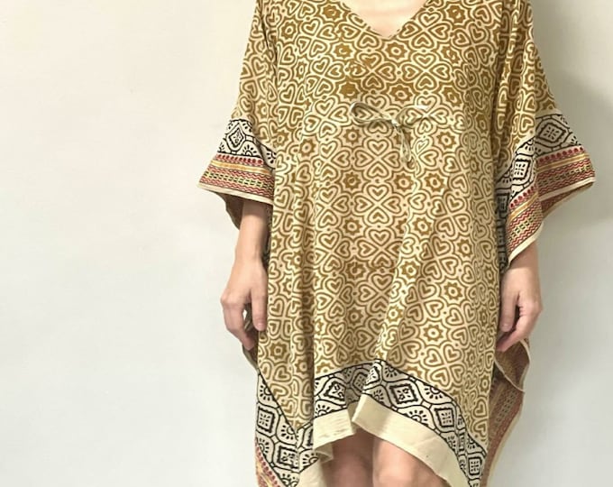 Short Kaftan Dress - Jaipur Hand Block Print Cotton Kaftan with Zari Border, Midi Kaftan Dress for Bikini Cover Up, Soft Cotton Beach Kaftan