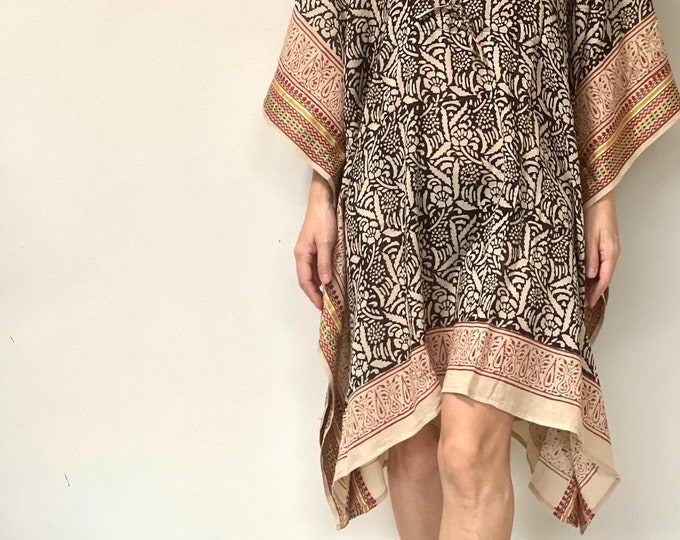 Jaipur Block Print Short Cotton Kaftan, Beach Cover up, Night Wear Caftan, Bathrobe Women's Bohemian Dress For Beach Kaftan Dresses for Her