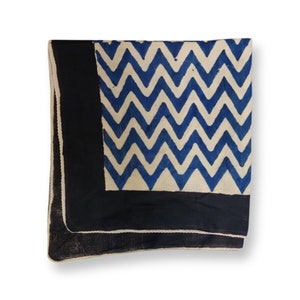 Unique Indigo Block Print Cotton Bandana Scarf, Hand Block Print Gamayun Bandana in Cream, Pumpkin & Steel, Cotton Neckerchief, 21*21 Inches