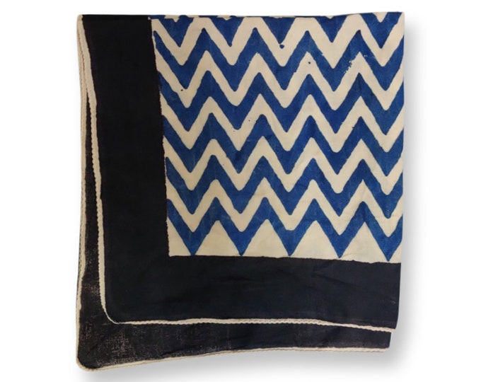 Unique Indigo Block Print Cotton Bandana Scarf, Hand Block Print Gamayun Bandana in Cream, Pumpkin & Steel, Cotton Neckerchief, 21*21 Inches