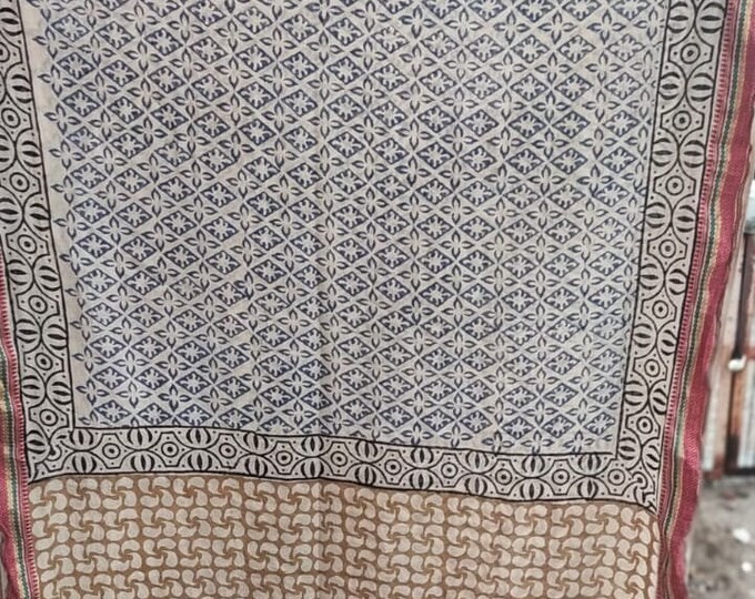 Hand Block Printed Zari Cotton Sarong, Cover Up Beach Wrap Pareo, Long & Large Scarf, Soft Fabric Fashion Shawl Natural Color Beach Wraps