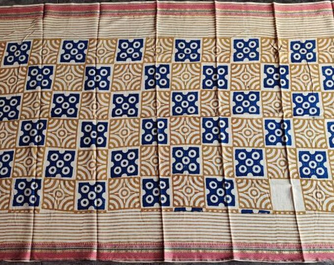 Indian Decorative Golden/Blue Zari Border Hand Block Print Scarves,Handmade Sarong,Women's Beautiful Cotton Printed Dupatta,Beach Wear/Pareo