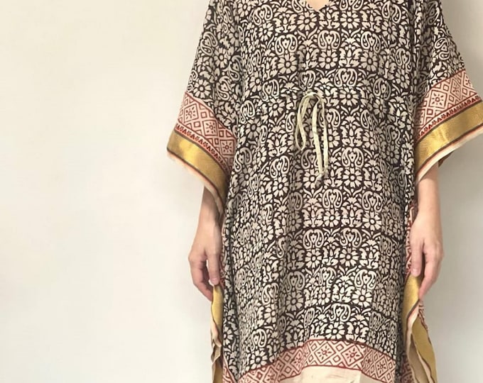 Cotton Bagru Printed Handmade Kaftan Dress Short Caftan,Dress Beach Cover up, Flower Hand Block Print Sleepwear Maxi Dress Kimono Caftan