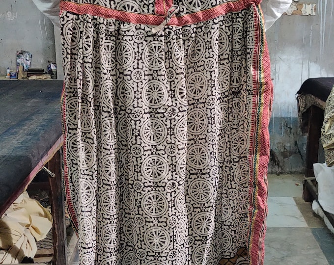 Indian Hand Block Print Cotton Maxi Dress with Zari Border and Side Slit - Perfect for Beach, Women's Black Geometric Print Long Dress