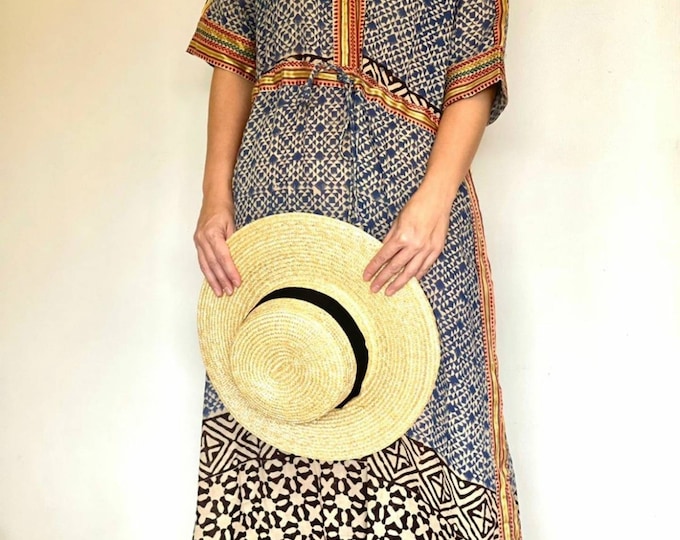 Hand Block Bagru Print Zari Dress for Women Long Kaftan Kimino Dress, Night Wear Cotton Sarongs Maxi Printed Gown Dress, Gift for Her